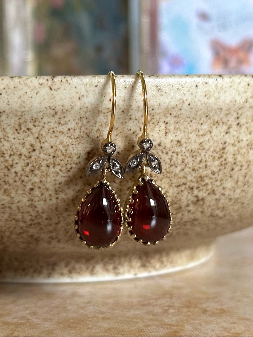 9ct Gold Garnet Drop Earrings with Oxidized Silver-Set Rose Cut Diamonds